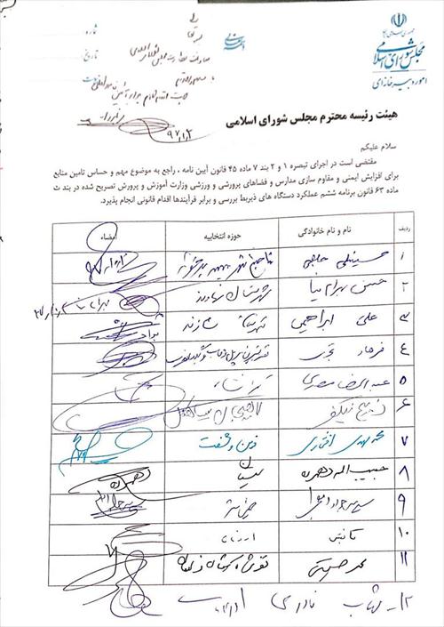 درخواست آقای حاجی از هئیت رئیسه مجلس در خصوص تامین منابع ایمنی مدارس