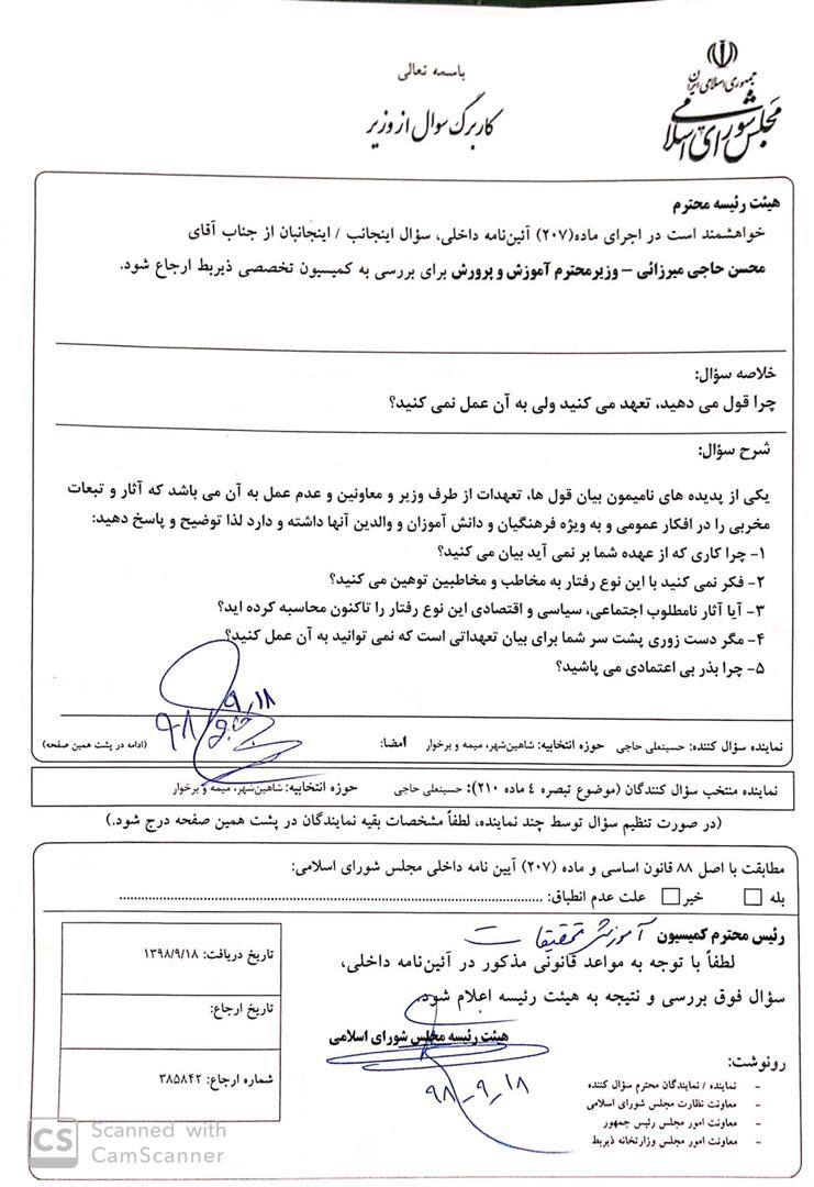 متن کامل طرح سوال آقای حاجی از محسن حاجی‌میرزایی به شرح زیر است: