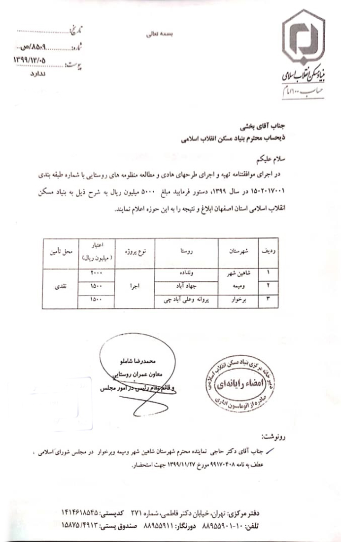 اخذ اعتبار اجرای طرح هادی روستاهای ونداده،جهادآباد،پروانه و علی آبادچی توسط آقای حاجی