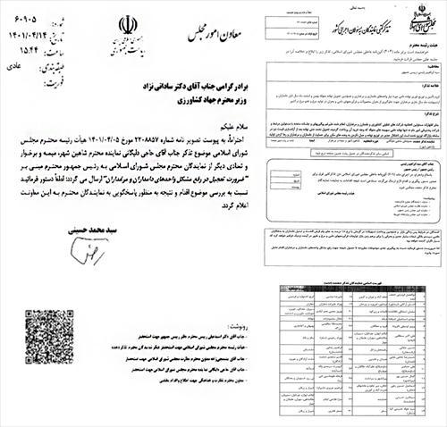 تذکر کتبی آقای حاجی درخصوص مشکلات مرغداران و دامداران و پیگیری آن در ریاست جمهوری …